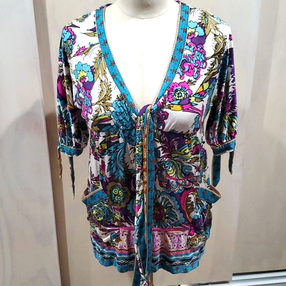 Hale Bop 3/4 Sleeves Floral V Neck Tie Front Tunic sz Small